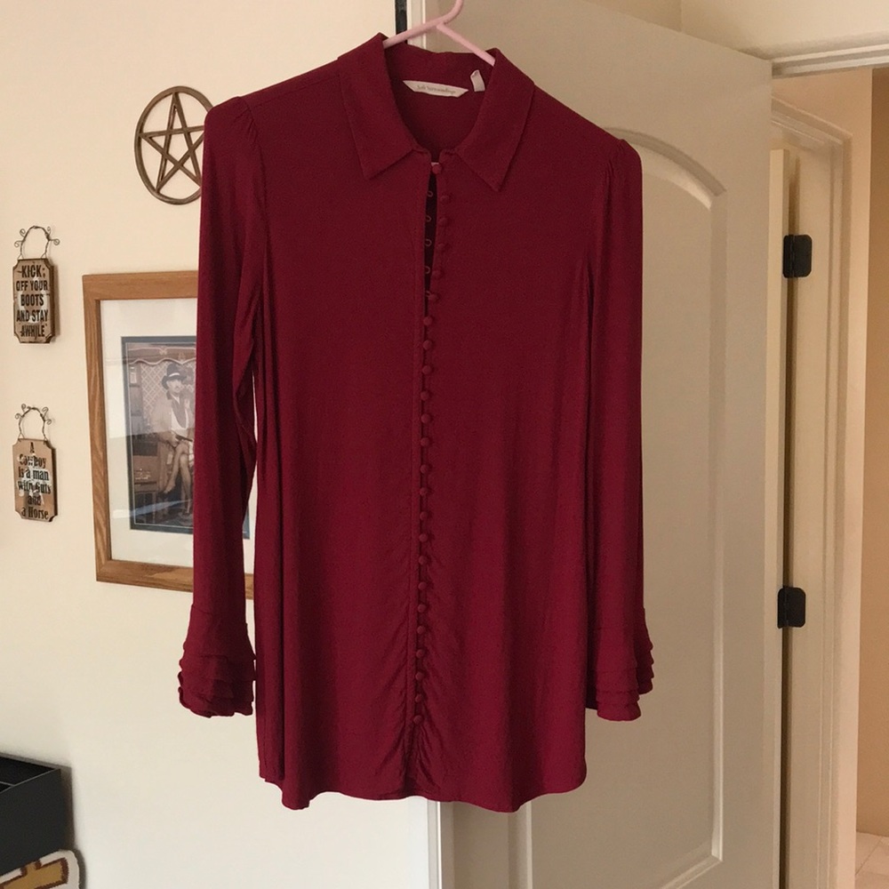 EUC Soft Surroundings holiday tunic with long embellished layered sleeves